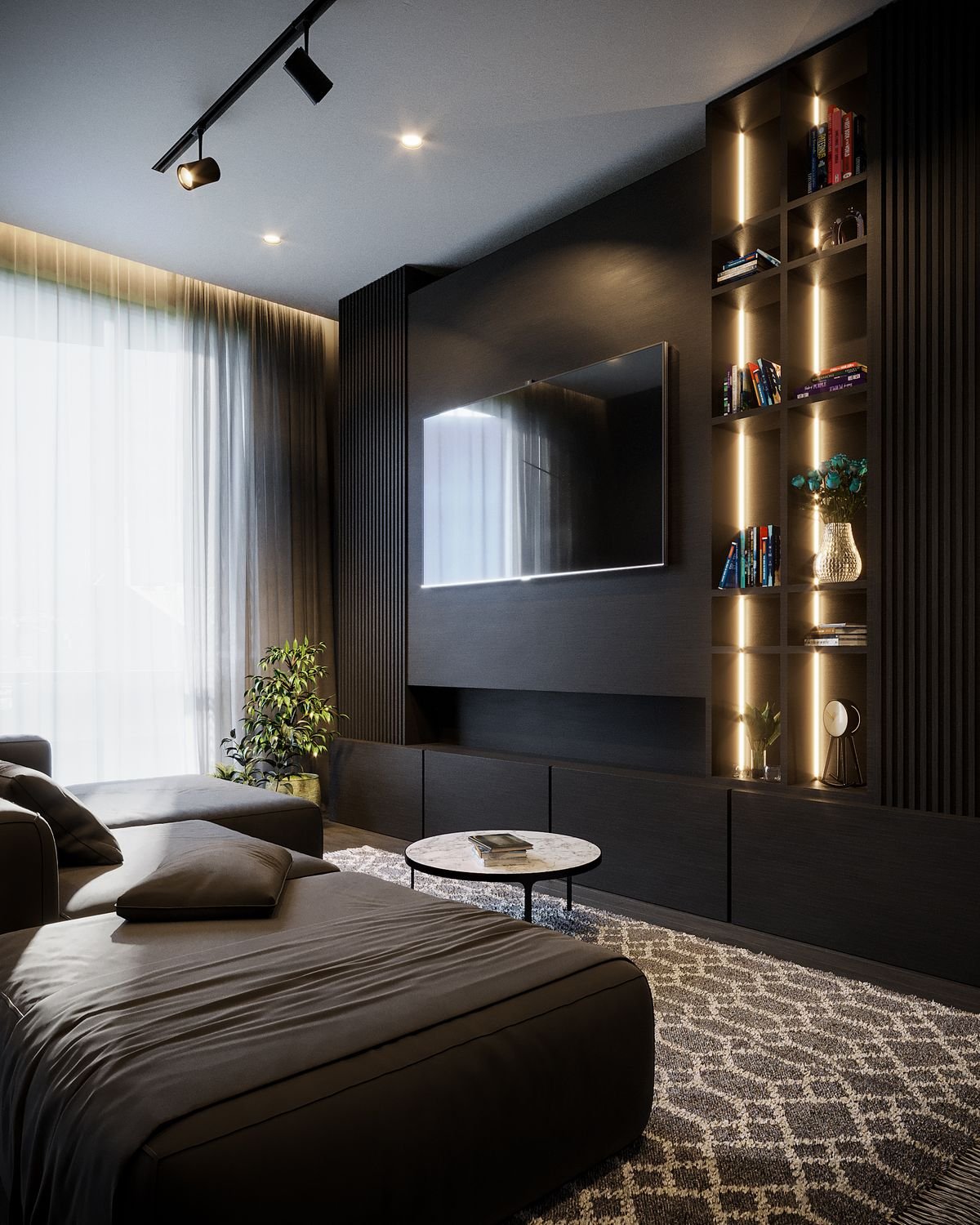 Modern living room with fluted TV wall, backlit shelving and track lighting