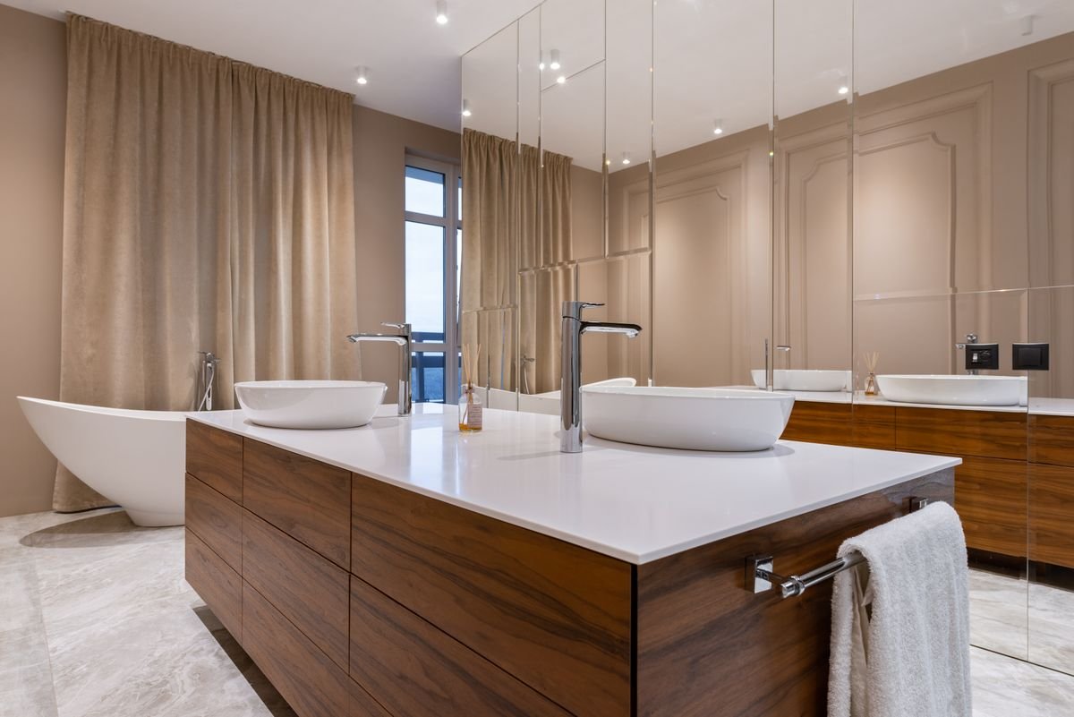 Luxury Master Bathroom with Wooden Island Vanity and Twin Vessel Basins