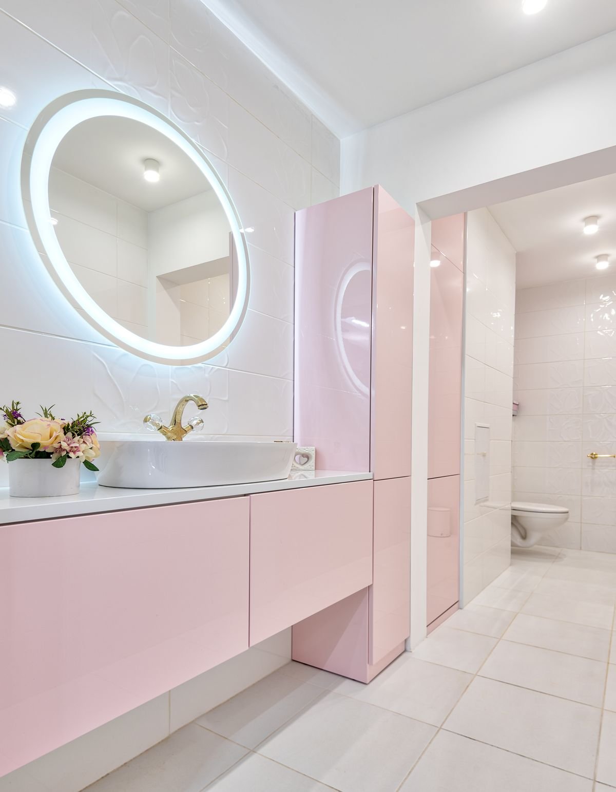 Blush Pink Vanity Bathroom with Backlit Oval Mirror