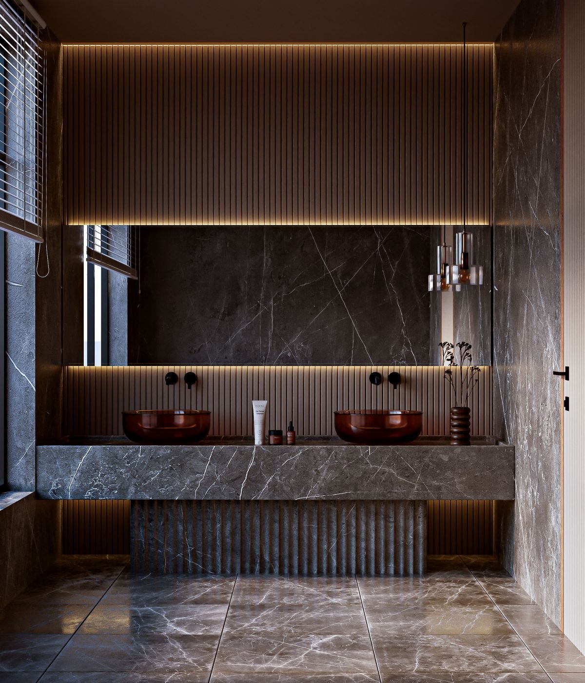Luxury Double-Vanity Bathroom with Marble Walls and Pendant Lighting