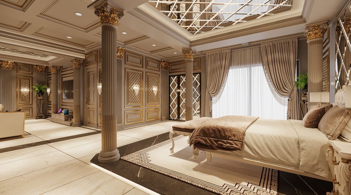 Grand Master Bedroom with Gold-Trimmed Columns and Mirrored Ceiling