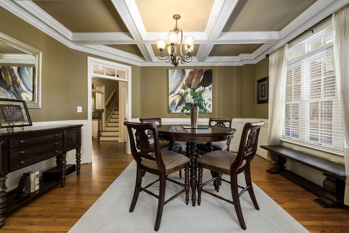 Classic Coffered Ceiling with Chandelier for a Formal Dining Room