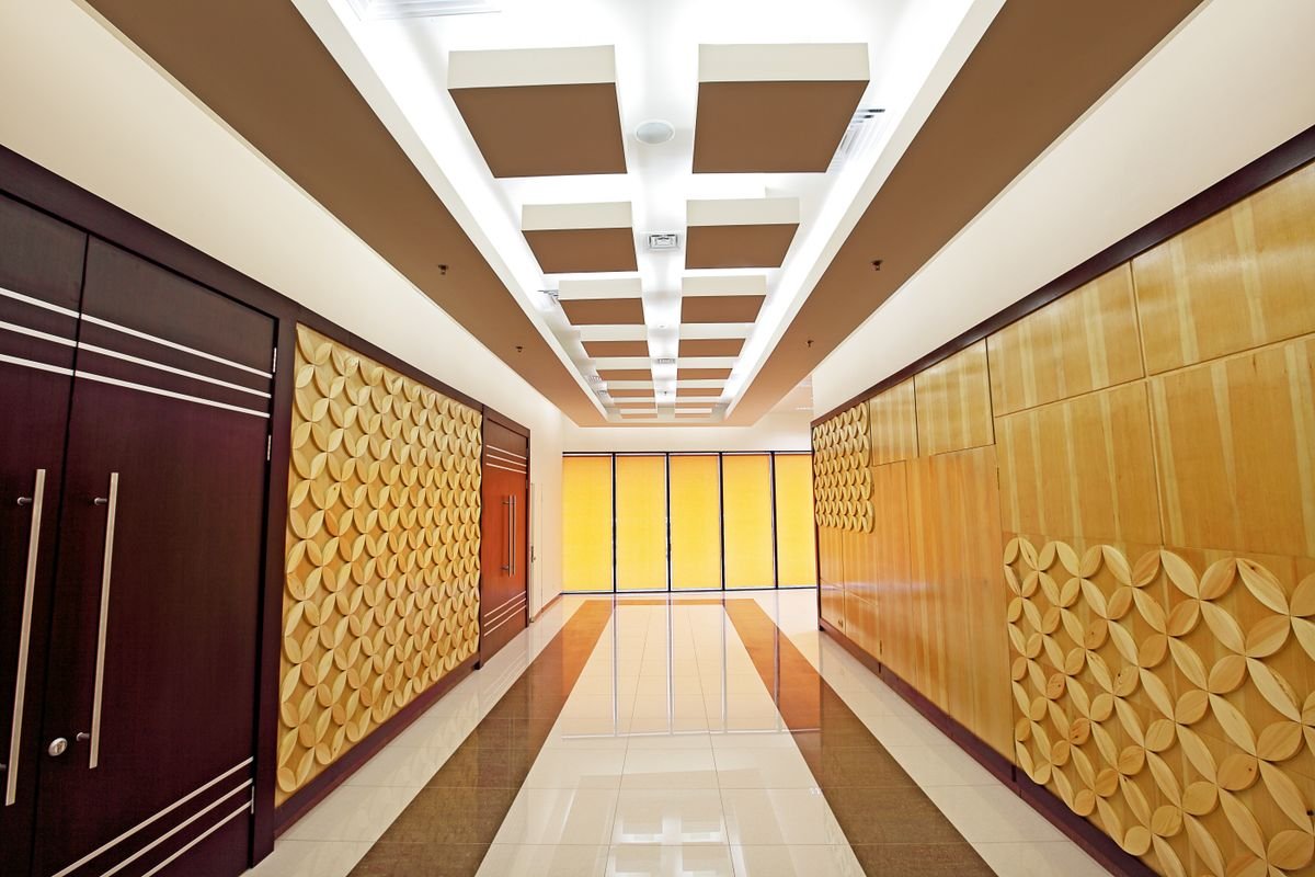 Coffered Box False Ceiling Design with Wood-Panelled Hallway