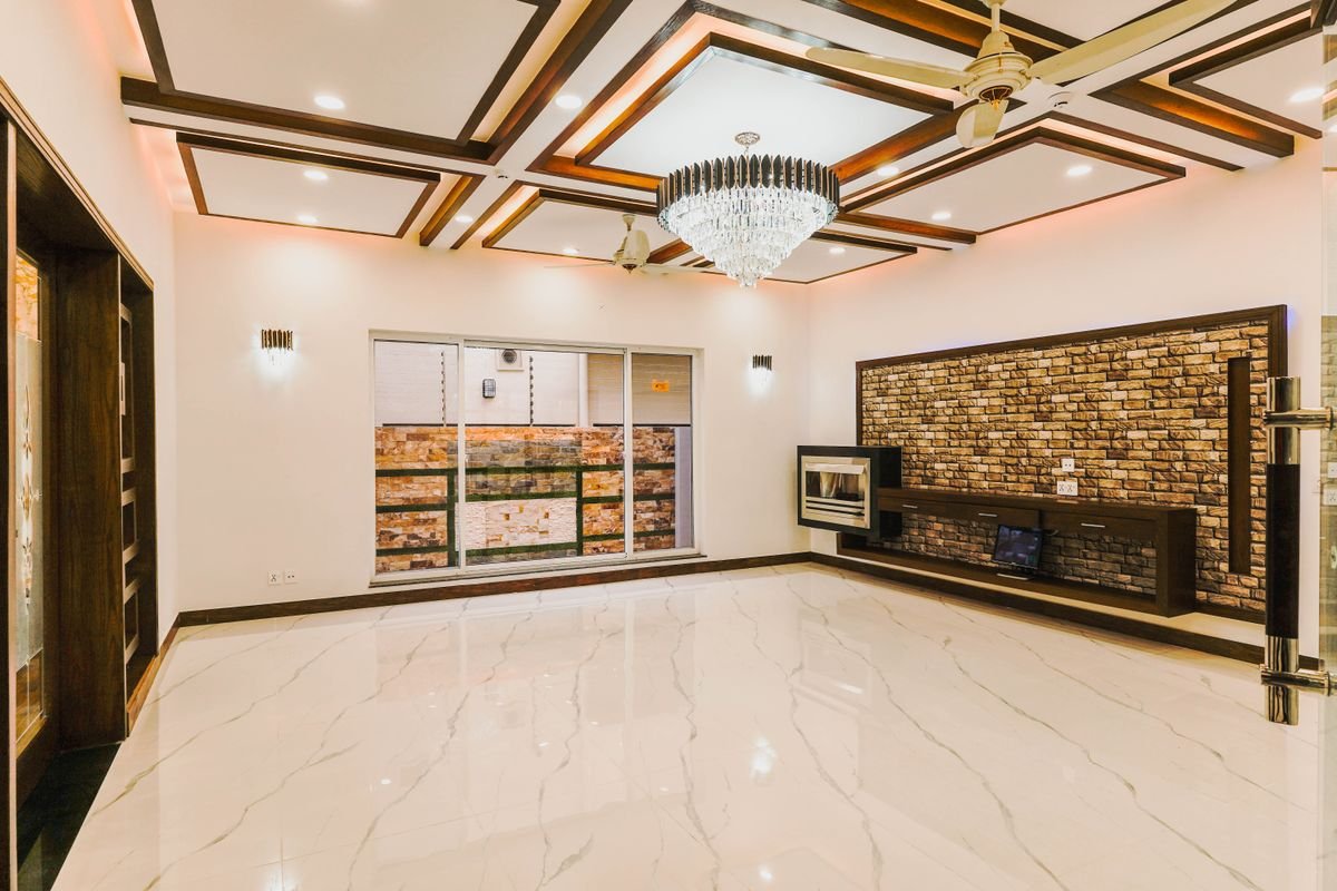 Coffered Wood Beam False Ceiling Design with Crystal Chandelier