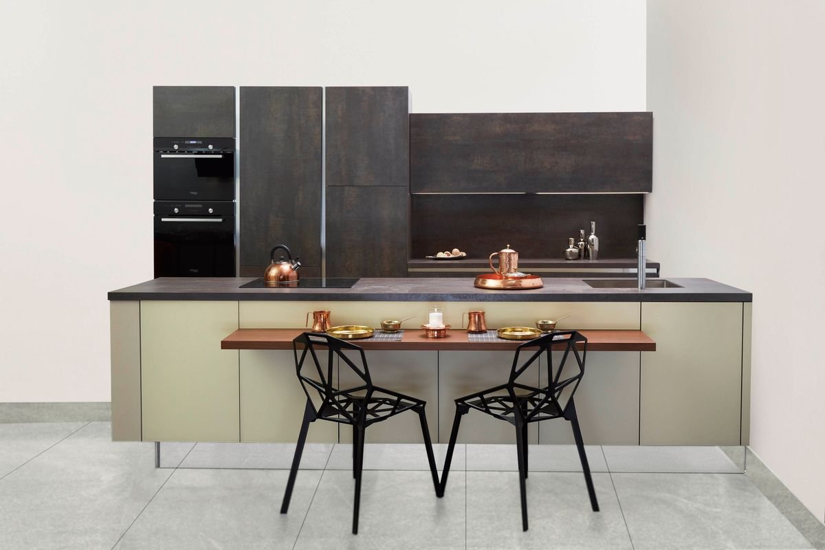 Dark Rustic Cabinets with Copper Accents and Geometric Bar Stools