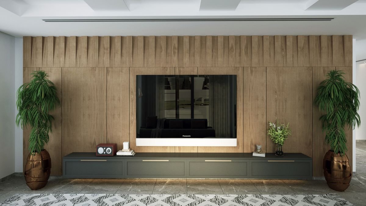 Oak Panelled TV Wall with Floating Console and Cove Light