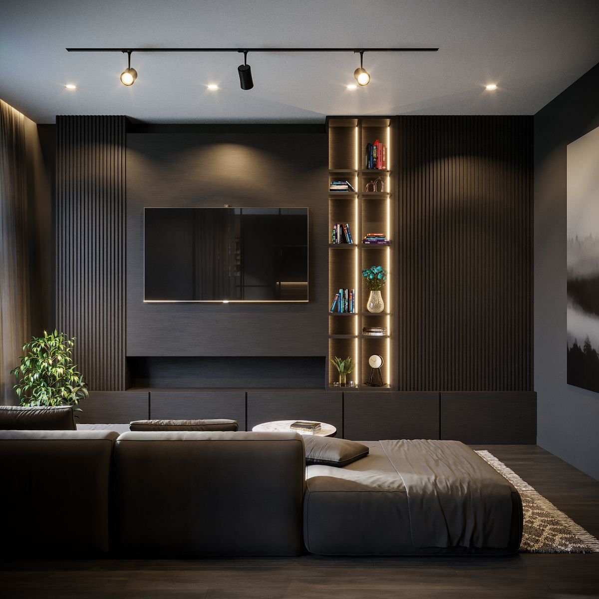 Dark Fluted TV Wall with Lit Shelving and Track Lights