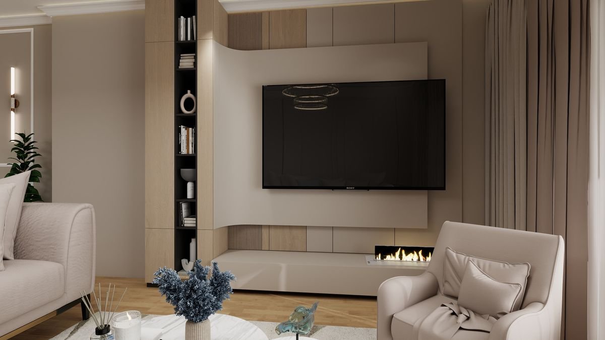 Built-In TV Wall with Linear Fireplace and Display Niche