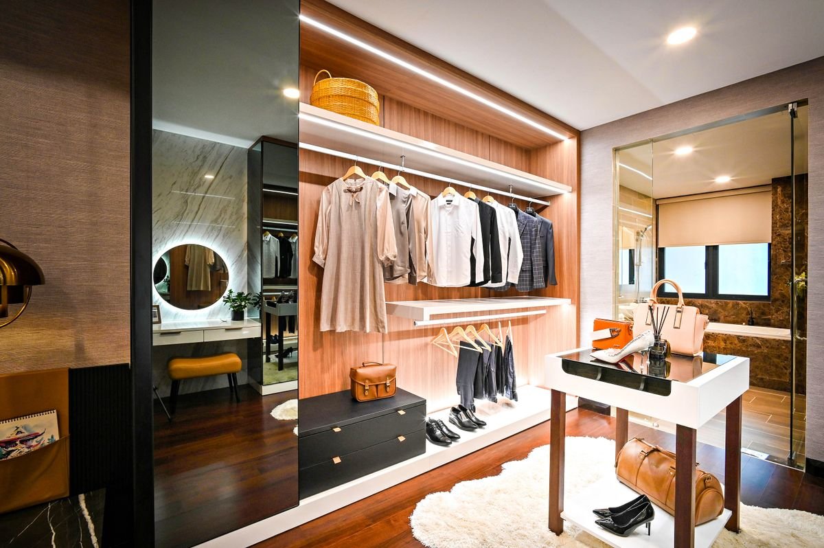 Warm Wood Walk-in Wardrobe with Vanity Mirror and Display Table