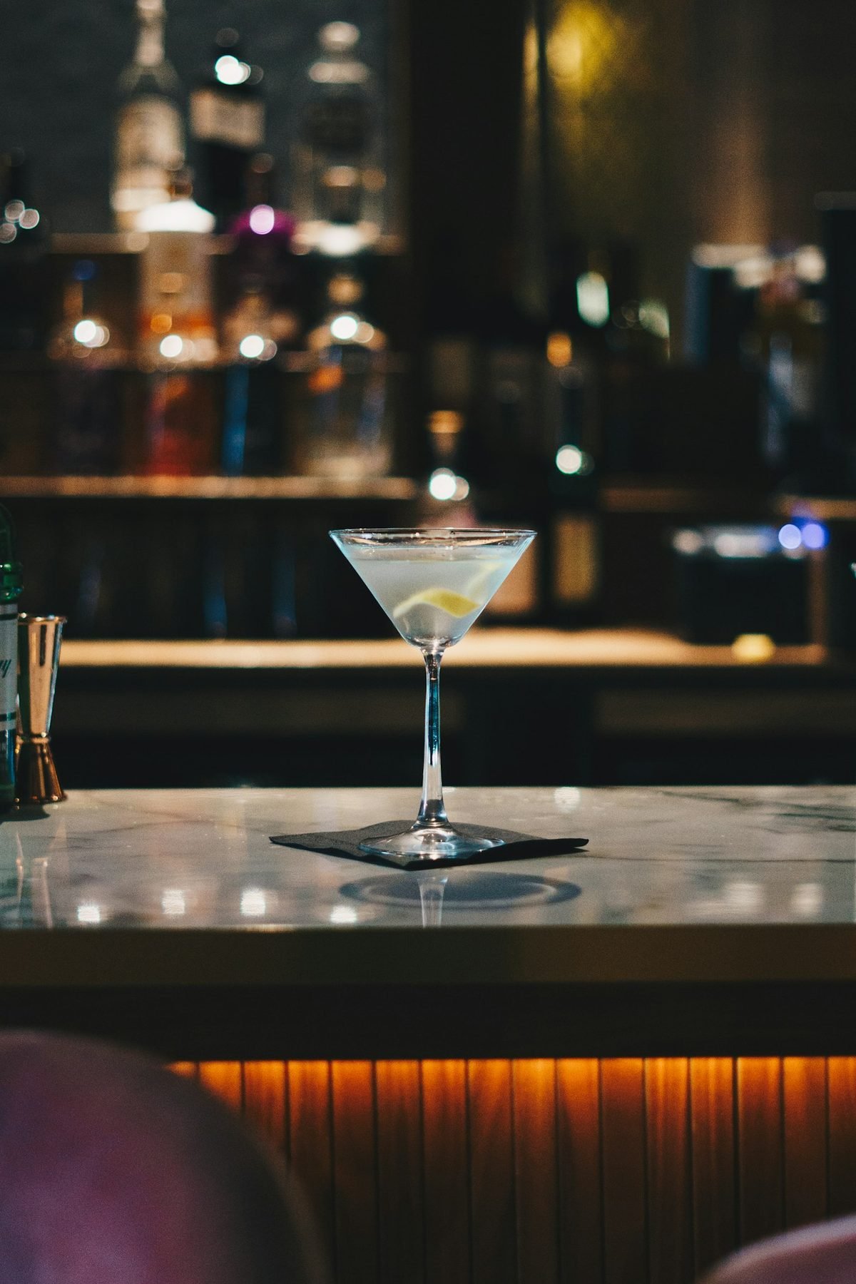 Marble-Topped Bar Counter with Warm Ambient Glow