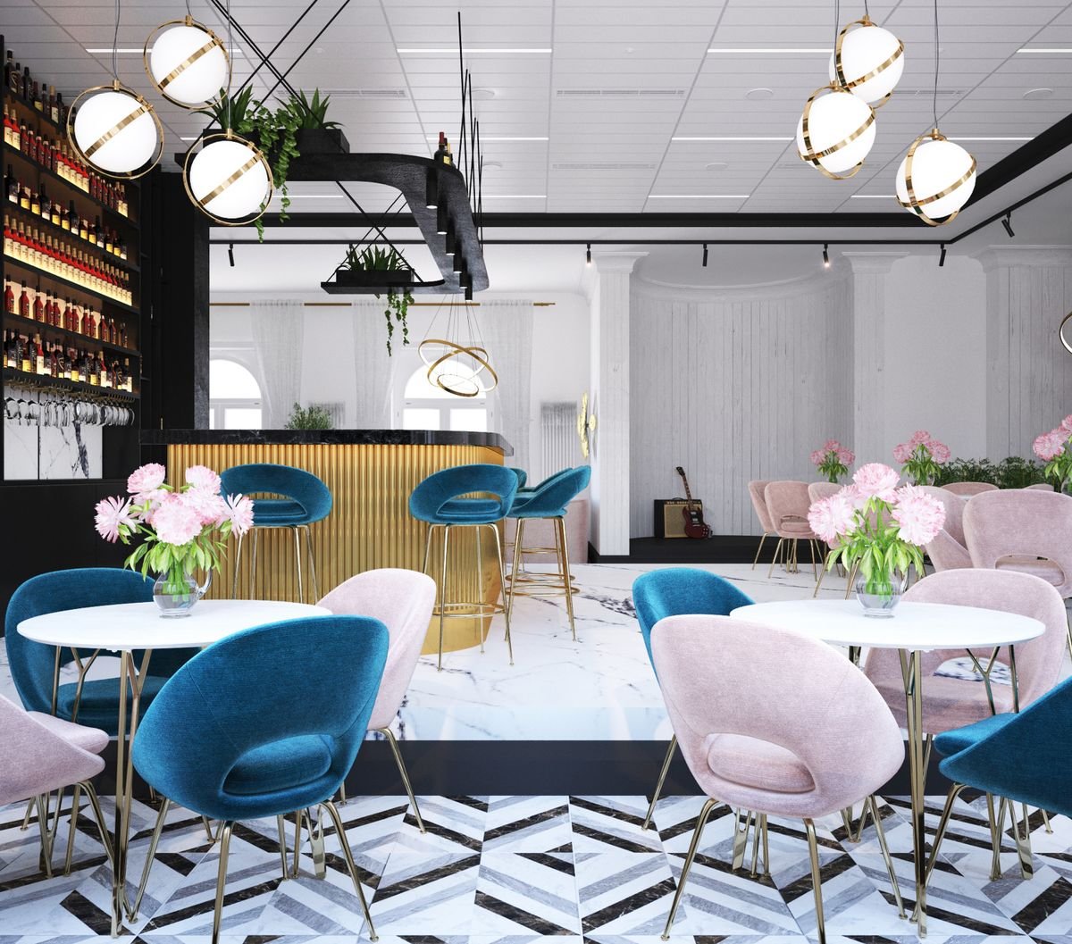 Colorful Pastel Bar Lounge with Gold Curved Counter