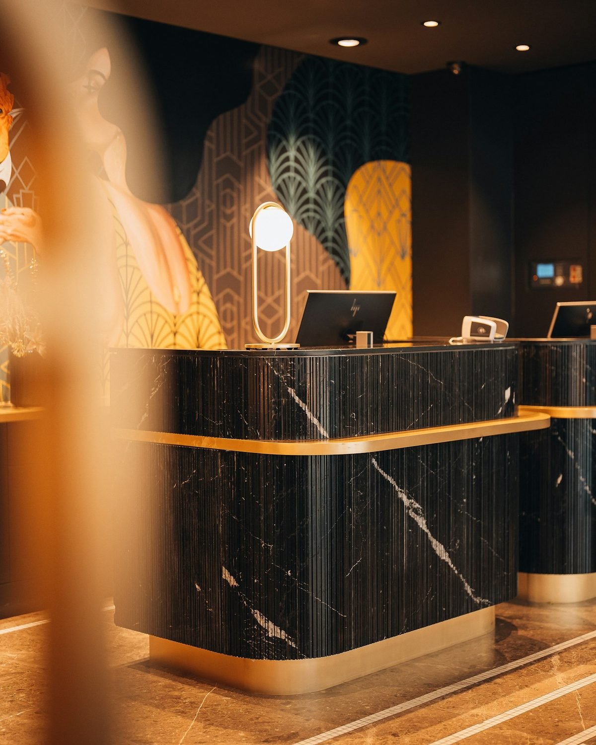 Sculptural Reception Desk in Black Marble and Brass
