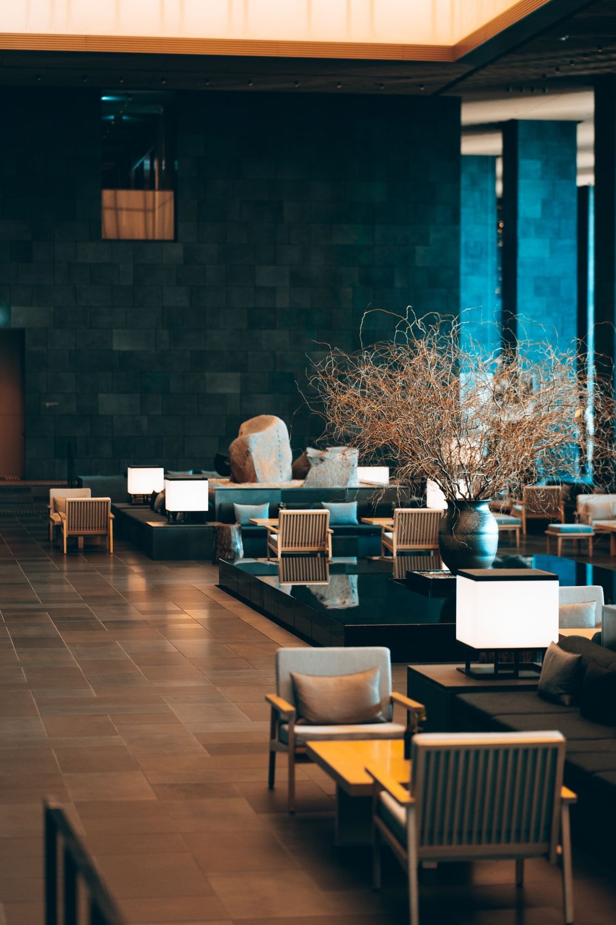 Zen Lobby Lounge with Sculptural Branch Centerpiece