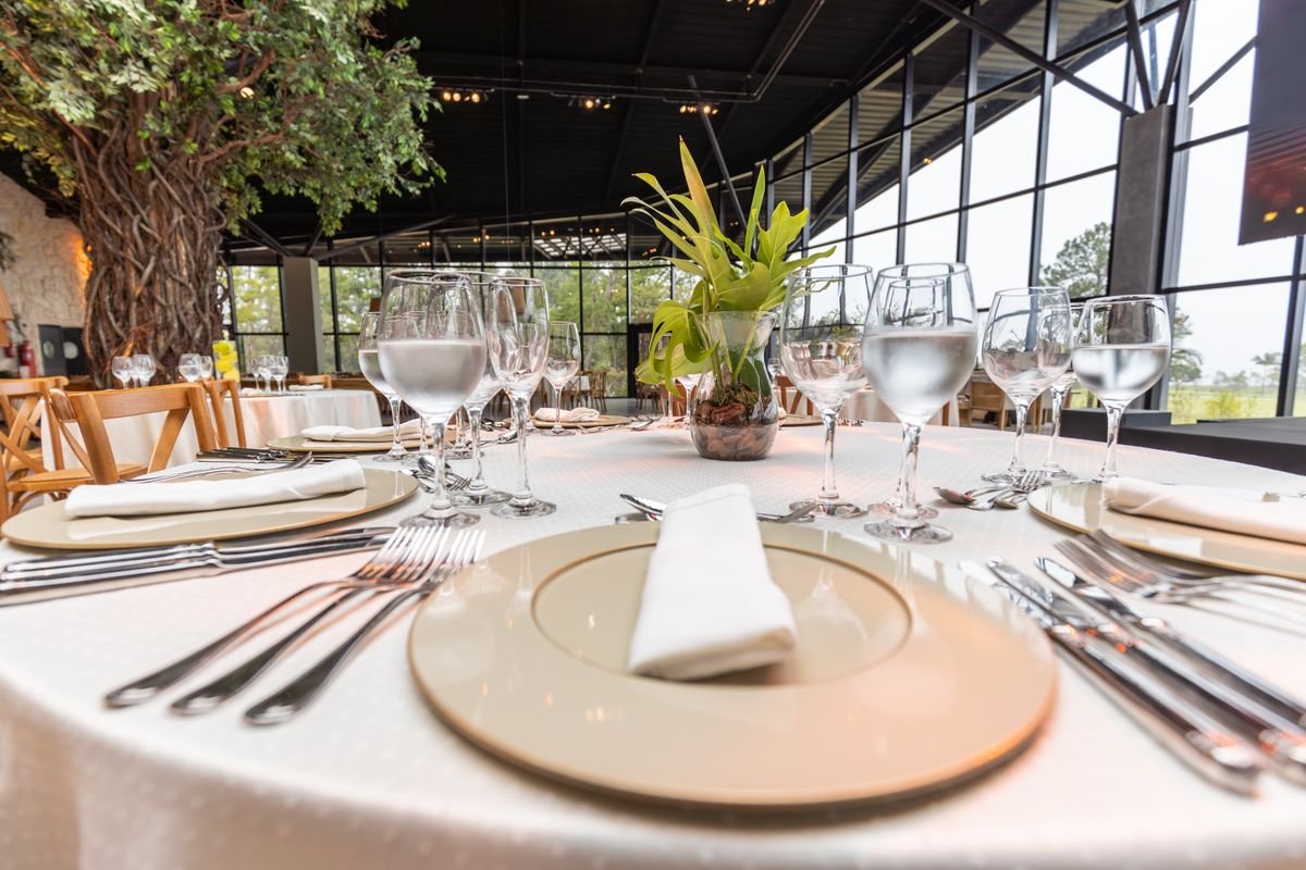 Bright Glass-Walled Restaurant with Live Tree Feature