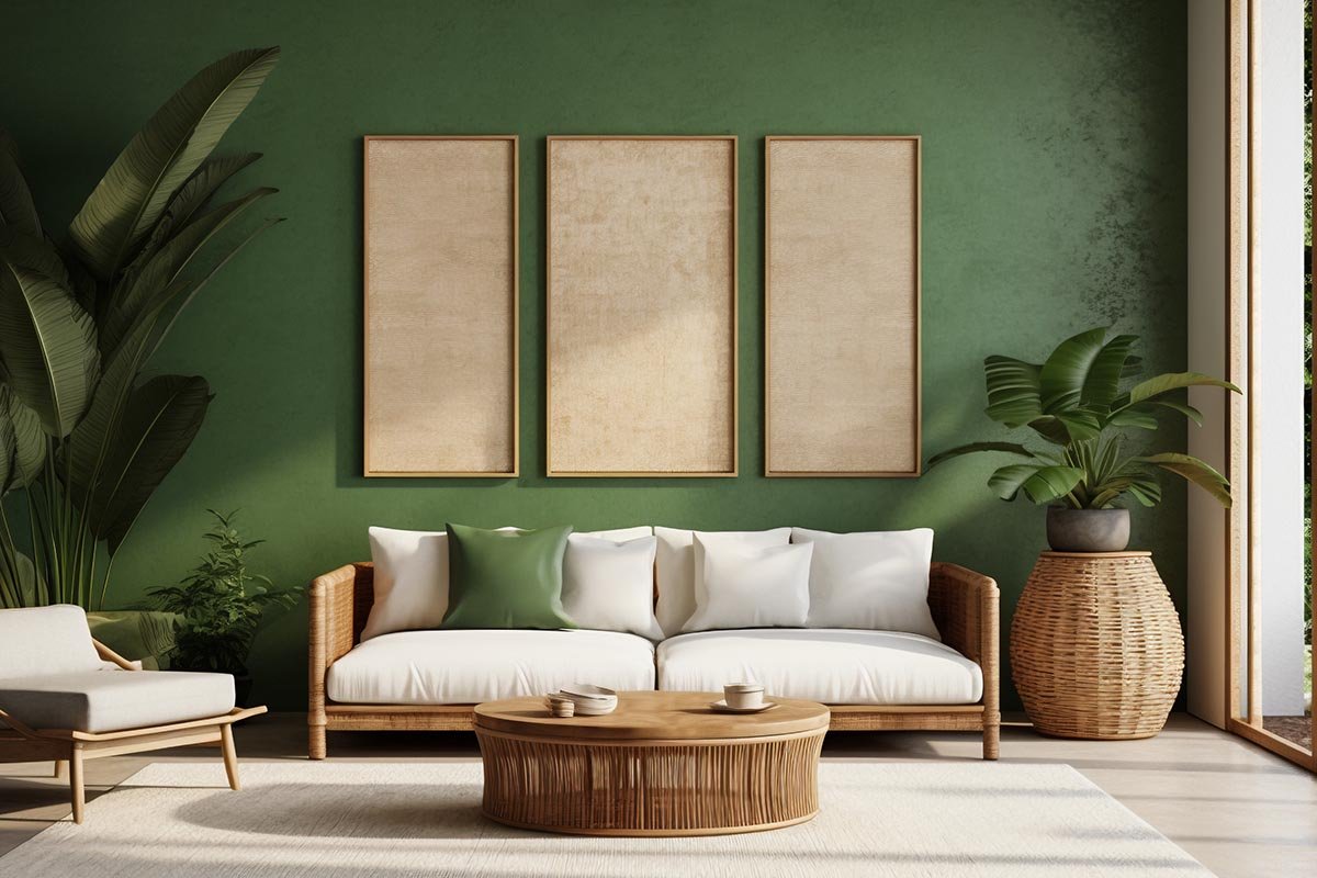Modern Living Room with Rattan Furniture and Framed Wall Art