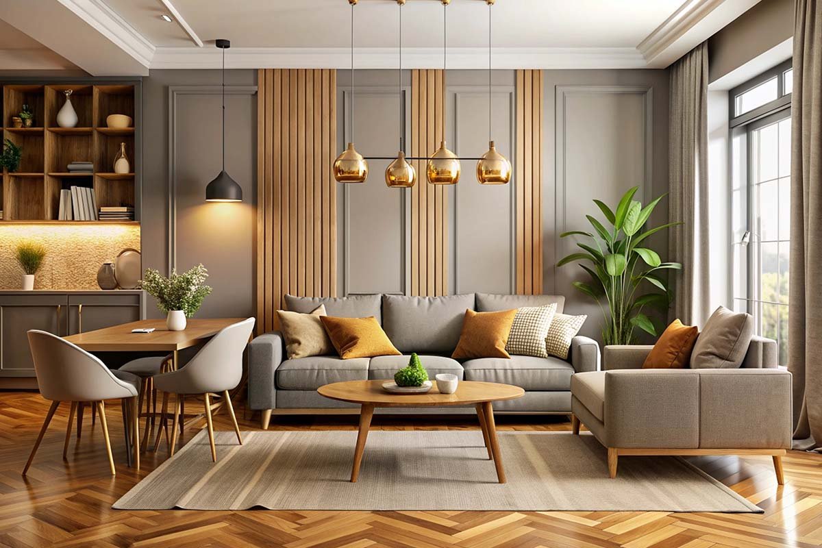Open Living and Dining Layout with Wooden Slat Wall Feature