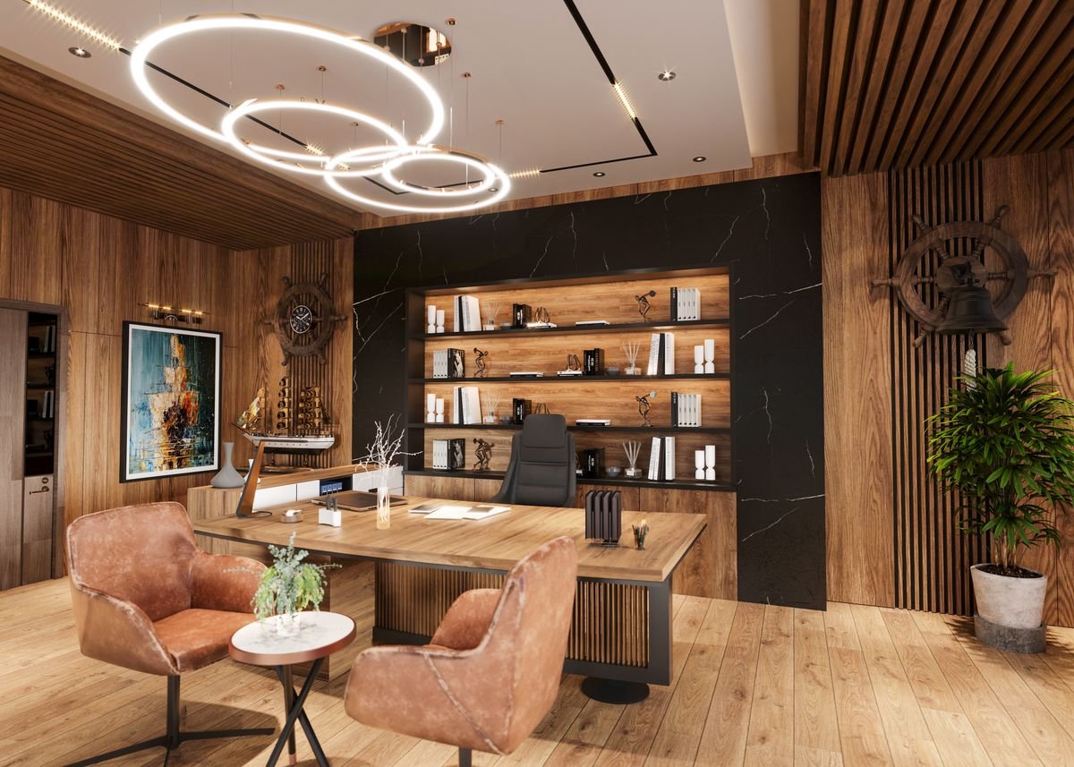 Warm wood-panelled office interior with statement ring lighting