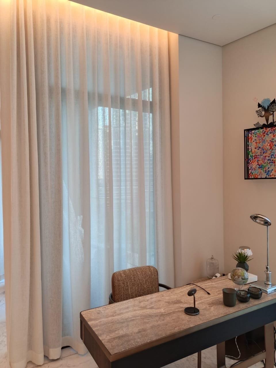 Sheer Drapes in a Sunlit Home Office