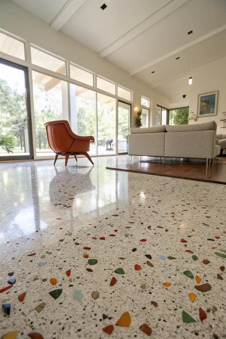 Terrazzo-Style Flooring in a Bright Living Room