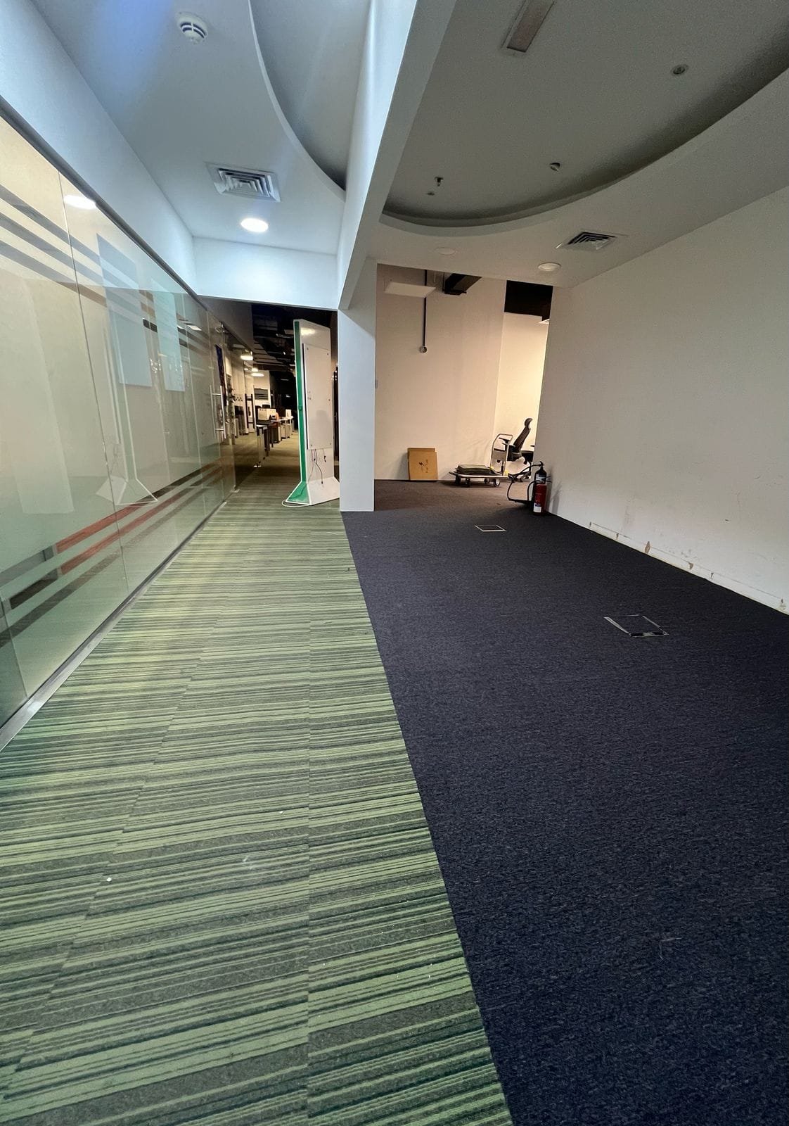Two-Tone Carpet Tile Flooring Along an Office Corridor