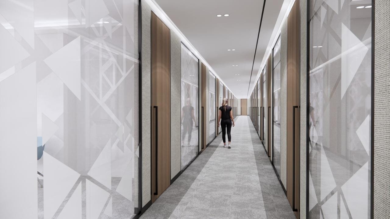 Geometric Frosted-Glass Corridor Partition