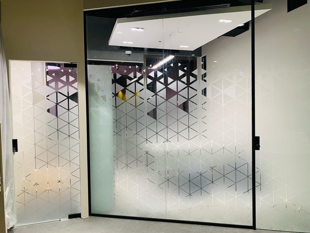 Geometric Etched Glass Meeting Room Wall