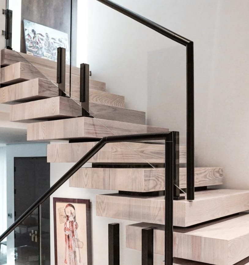 Glass Railing on a Floating Wooden Staircase